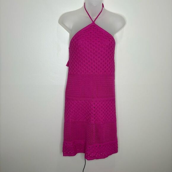 Old Navy Fushia Pink Halter Tie Strap Crochet Mini Dress size Xs vacation casual - Picture 8 of 11